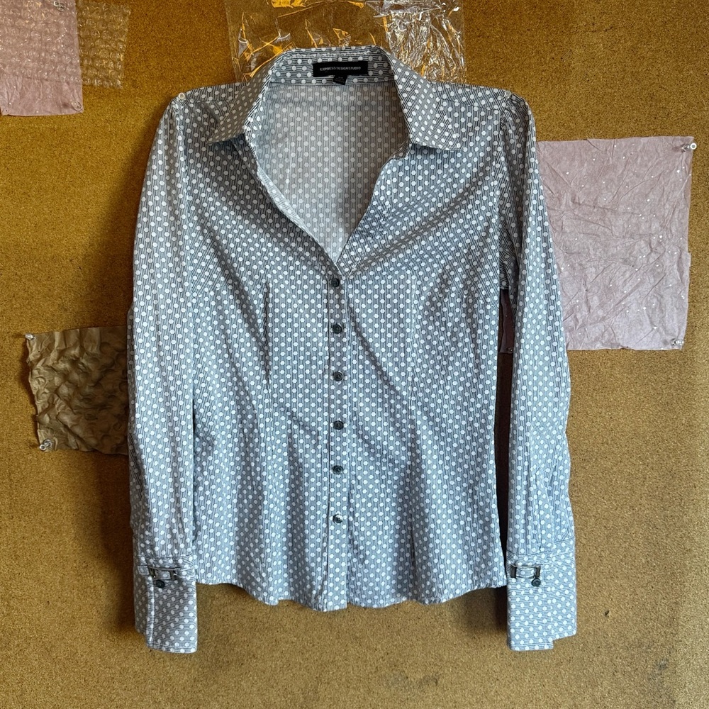 Express Gray and White Polka Dot Shirt